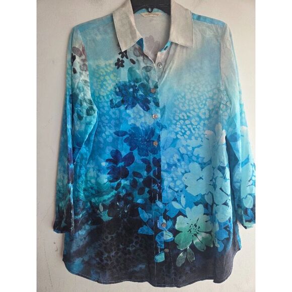 Soft Surroundings "Jolene" Blue Ombre Floral 100% Silk Button Up Blouse Small P. - Picture 6 of 8